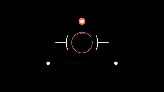 미니멀 기하학 인트로 템플릿, 검정 배경의 주황색 원과 추상적인 선.