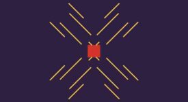 추상 도형 오프너 템플릿, 보라색 배경에 빨간 사각형과 노란 대각선.