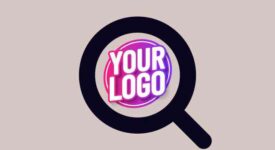 돋보기 검색 로고 템플릿, 핑크와 보라색 로고가 돋보기 안에 있는 디자인.