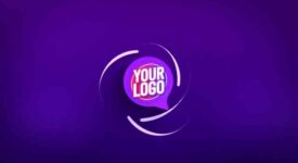 말풍선 로고 인트로 템플릿, 보라색 배경에 회오리치는 선과 말풍선 로고.